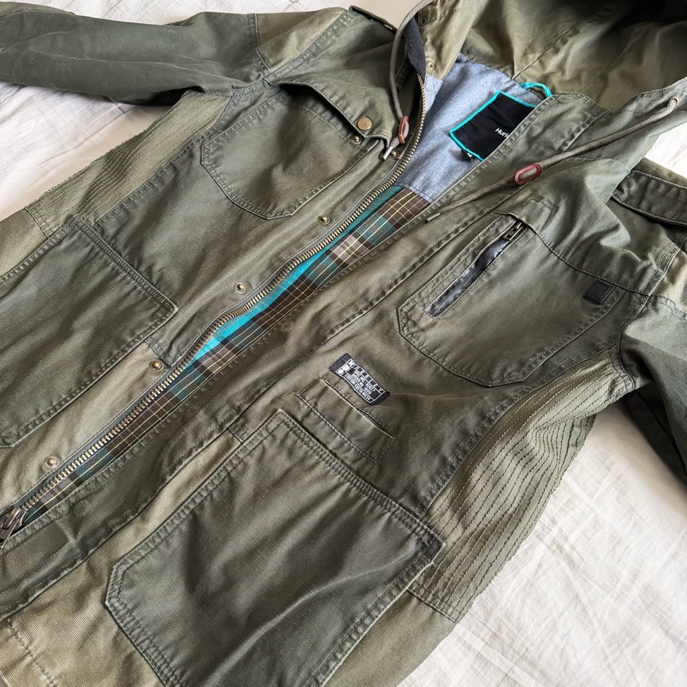 Hurley Waxed Plaid Lined Field Jacket Men’s Med Green Covert Military Tactical - Picture 4 of 12